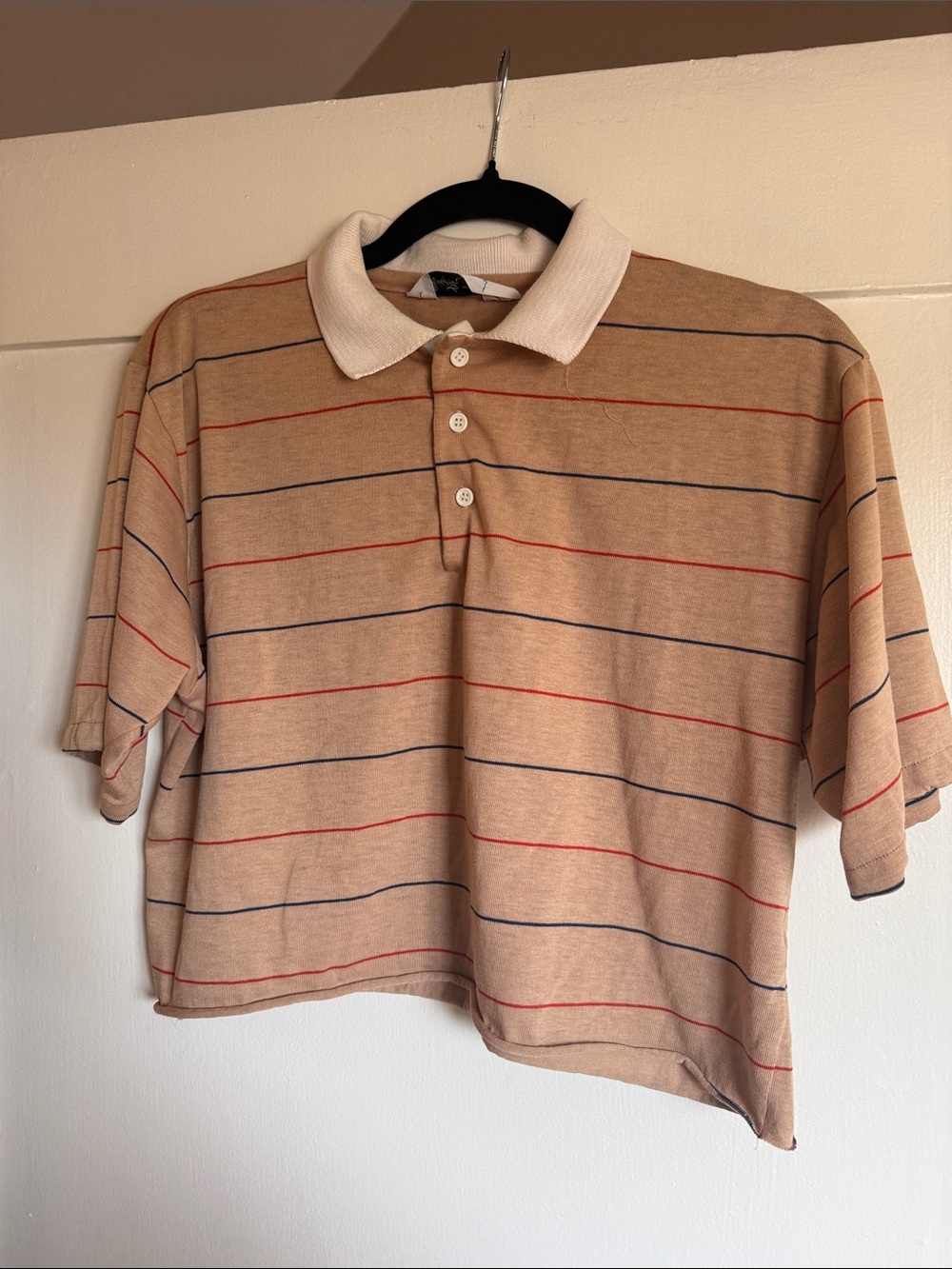 Vintage Beige Striped Polo with White Collar